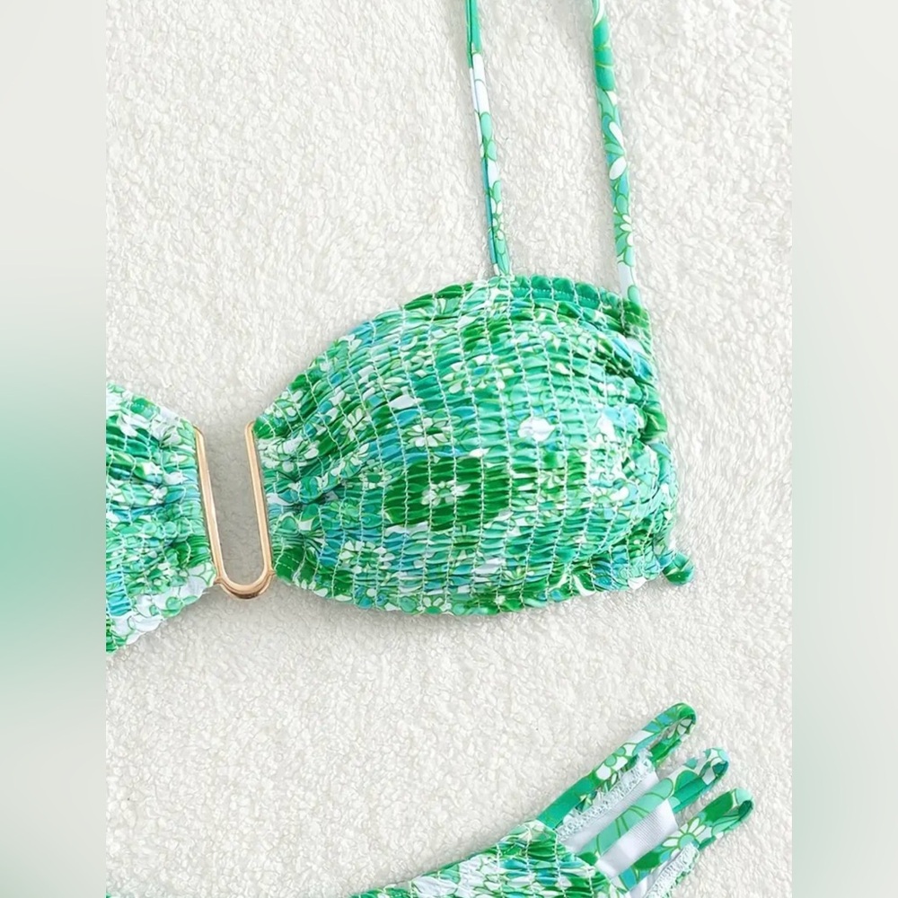 Green Floral U Wire Bandeau Bikini Set - Picture 3 of 6